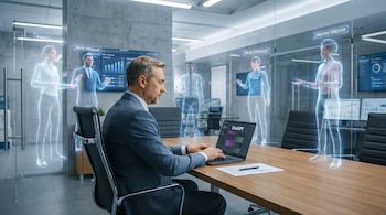 Ejecutivo con traje usa laptop en mesa de madera. Figuras holográficas de agentes de IA (marketing, ventas, creatividad) lo rodean en oficina minimalista de alta tecnología.