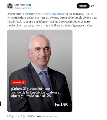 La congresista María del Mar Pizarro aseguró que el aumento de la tasa de interés por parte del Banco de la República es desmedido - crédito @delmarpizarro/X