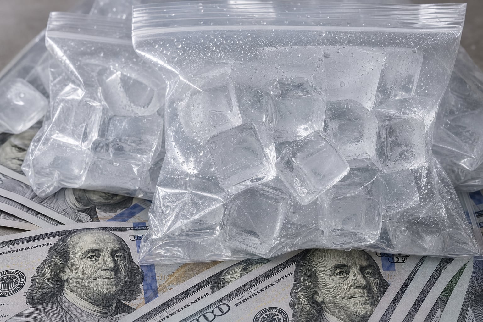 Varias bolsas de plástico con cubos de hielo reposan sobre dólares estadounidenses. (Imagen Ilustrativa Infobae)