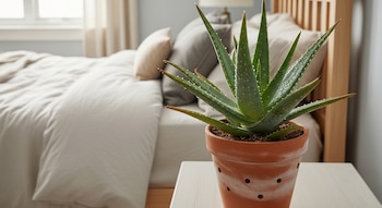 Planta de Aloe Vera en maceta de barro con gotas de agua sobre una mesita de noche, cama con sábanas blancas y cabecero de madera, ventana.