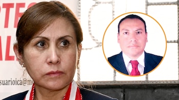 Primer plano del rostro de Patricia Benavides mirando hacia la derecha. A su lado derecho, superpuesta, una foto de Jaime Villanueva en un círculo naranja.