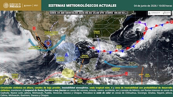 Mapa satelital meteorológico de CONAGUA del 4 de junio de 2026, mostrando nubes sobre México, el Pacífico y el Atlántico, con flechas y zonas etiquetadas de sistemas climáticos