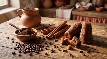 Una jarra de barro humeante, un cuenco con café molido, granos de café, conos de piloncillo, ramas de canela y clavos de olor sobre una mesa.