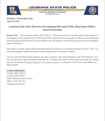 Detectives de la Policía Estatal de Luisiana investigan un tiroteo en el que se vio involucrado un agente del Departamento de Policía de Shreveport. Foto: X @@PolicíaEstatalDeLosA