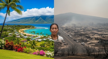 Fotografía dividida que muestra a la izquierda un paisaje tropical de Maui y a la derecha el mismo lugar devastado por un incendio, con una mujer hawaiana en el centro.