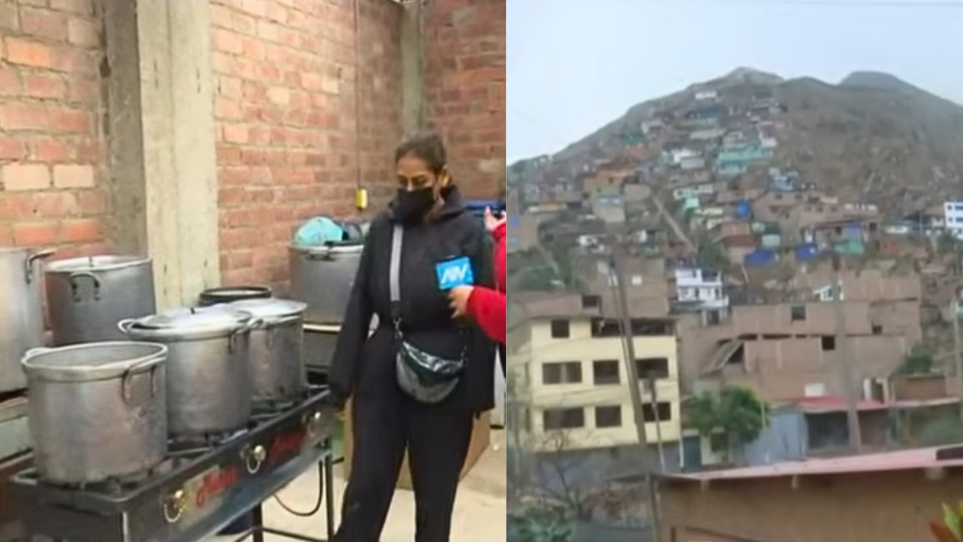 Integrantes de la olla común Fe y Esperanza en Villa María del Triunfo afrontan dificultades para preparar alimentos tras las intensas lluvias en la zona de José Gálvez. (Composición: Infobae Perú / ATV Noticias)