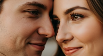 Primer plano de un hombre y una mujer con rostros cercanos, ambos sonriendo sutilmente, sus ojos fijos en el otro, con detalles de sus narices y mejillas.
