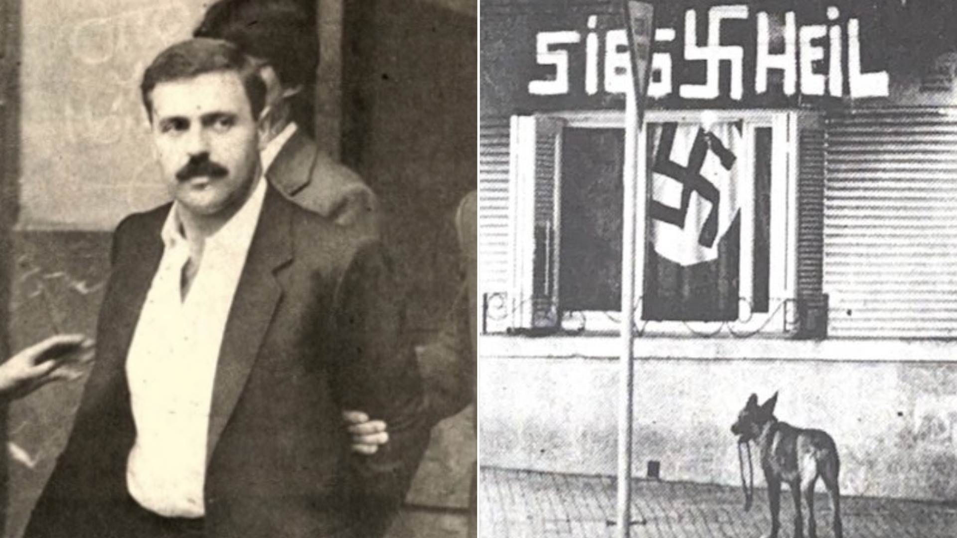 Héctor Paladino, un conocido neonazi de Uruguay, es visto en esta imagen junto a una edificación con símbolos nazis, reflejando el oscuro periodo de terror que infundió en el país