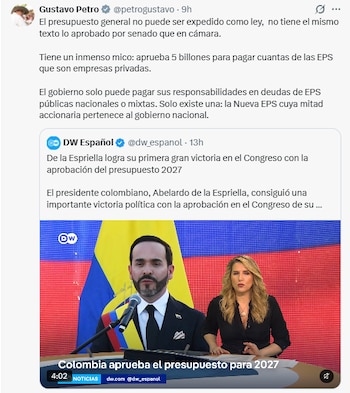 El expresidente de la República cuestionó la aprobación de un presupuesto que, mientras recorta transferencias a las regiones para salud y educación, gasta $5 billones en pagar las deudas privadas a las EPS - crédito @petrogustavo/X