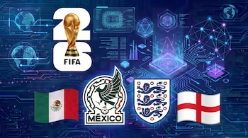 Copa Mundial FIFA, el número 26, logo FIFA, bandera de México, escudo de la selección mexicana, bandera de Inglaterra, escudo de la selección inglesa, fondo tecnológico.