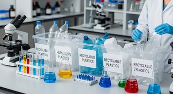 Un científico con guantes azules