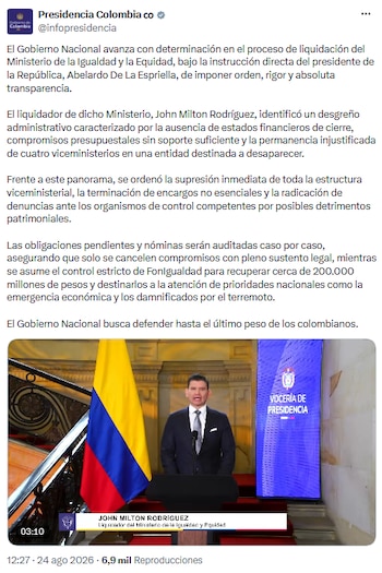John Milton Rodríguez lidera liquidación de la cartera de Igualdad tras detectar ausencia de controles financieros - crédito @infopresidencia/X