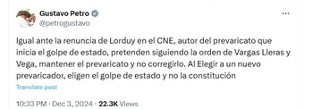 El presidente señaló que pese a la renuncia del magistrado, no se detendrá su investigación en el órgano electoral - crédito @petrogustavo/X
