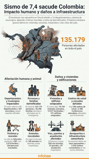 Infografía de un mapa de Colombia, epicentro sísmico, personas, edificios dañados, un rescatista, un perro, un gato, un puente roto, un hospital, una escuela y un aeropuerto.
