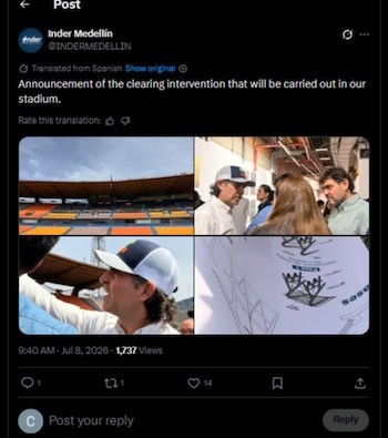 El desmonte de la cubierta occidental del estadio Atanasio Girardot comenzó el 1 de julio y tiene una duración prevista de aproximadamente dos meses-crédito @INDERMEDELLIN/X