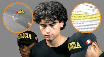 Adrián Villar entre dos policías con gorras oficiales, junto a dos círculos que contienen una captura de video y un documento judicial.