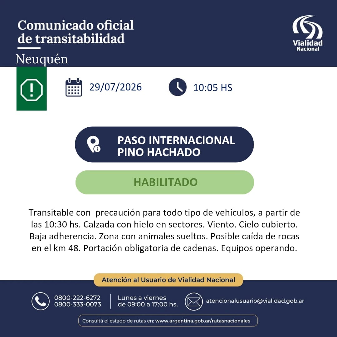 La información sobre el Paso Internacional Pino Hachado