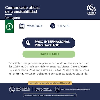 La información sobre el Paso Internacional Pino Hachado