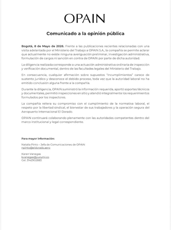 Opain aseguró que no existe ningún proceso administrativo ni averiguación preliminar por parte de la autoridad laboral - crédito Opain