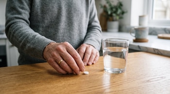 Manos de una persona sobre una mesa de madera al lado de una pastilla blanca y un vaso de agua.