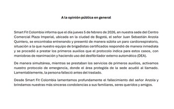 Este fue el comunicado de Smart Fit sobre la muerte de Sebastián Anzola - crédito suministrado a Infobae