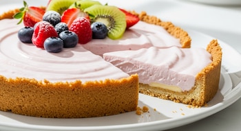 Primer plano de una tarta de yogur rosa sin horno sobre una base de galleta, decorada con fresas, frambuesas, arándanos y rodajas de kiwi; una porción ha sido cortada.