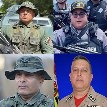 Mosaico con cuatro fotografías de oficiales militares con uniformes verdes y caquis, chalecos tácticos e insignias de la FANB