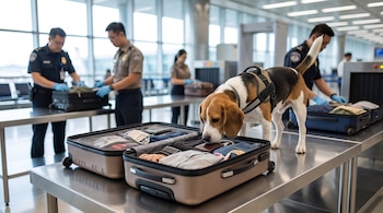 Un perro beagle con arnés olfatea una maleta abierta en una mesa. Al fondo, agentes uniformados inspeccionan otras maletas en un aeropuerto.