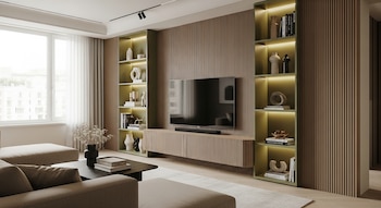 Sala de estar moderna con televisor en pared de paneles acanalados de madera, estanterías verde oliva con iluminación LED y sofá beige frente a un gran ventanal.