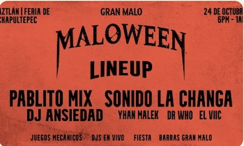 Cartel naranja con letras negras que detalla la programación musical, la sede y la fecha de un evento titulado Maloween