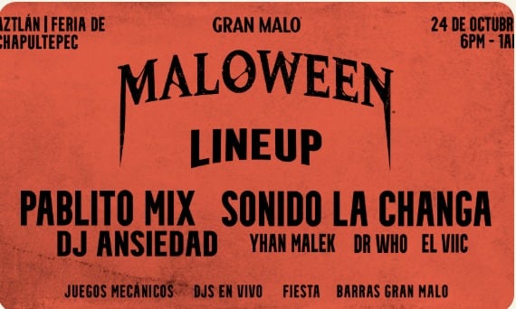 Un cartel anuncia la programación artística del evento Maloween programado para el 24 de octubre en Aztlán Feria de Chapultepec. (Captura de Pantalla/Aztlán-Feria de Chapultepec)