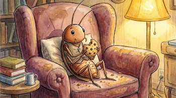 Una ilustración acuarela detallada de una cucaracha antropomórfica sentada en un sillón morado, comiendo una galleta de chispas de chocolate.