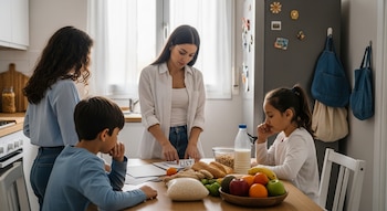 Una madre y sus dos hijos, una niña y un niño, en una cocina doméstica. Examinan una lista de compras sobre una mesa con arroz, pan, leche y un tazón de frutas frescas.