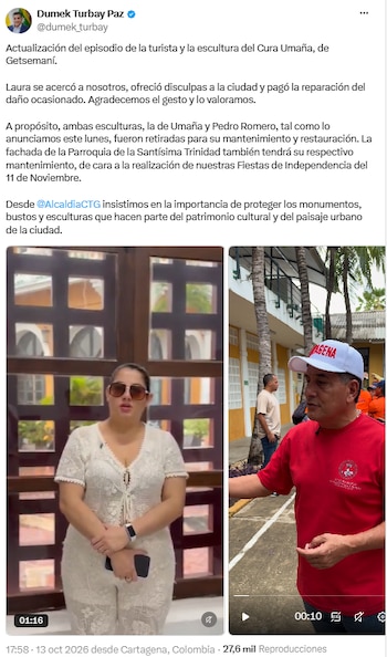 La mujer que se colgó de la estatua del padre Umaña se presentó ante la Alcaldía de Cartagena - crédito @dumek_turbay/X
