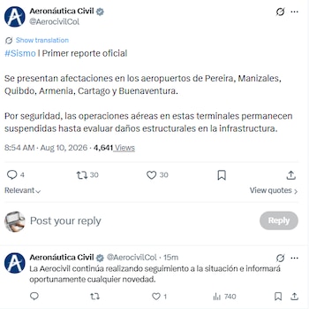 Debido al temblor, la Aeronáutica Civil reportó que hay daños en varios aeropuertos - crédito @AerocivilCol / X