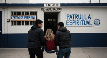 Dos personas, de espaldas, asisten a una mujer de cabello largo que entra a un Centro de Rehabilitación en Tijuana. La fachada es blanca y azul, con letreros visibles.