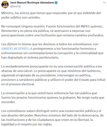 José Manuel Restrepo rechaza las acusaciones y defiende la transparencia de su encuentro con trabajadores penitenciarios. - crédito @jrestrp/X