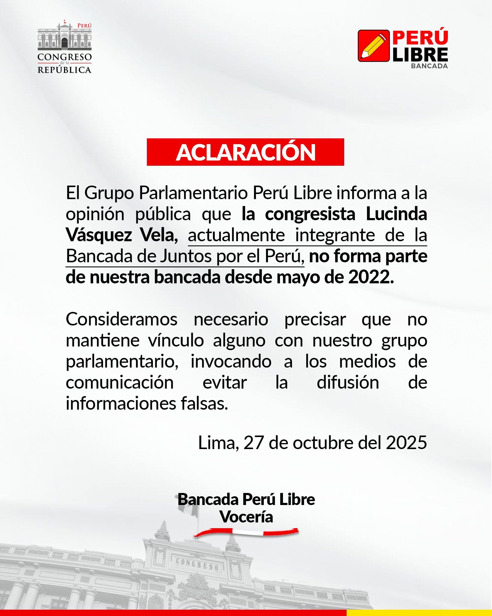 Comunicado de Perú Libre.