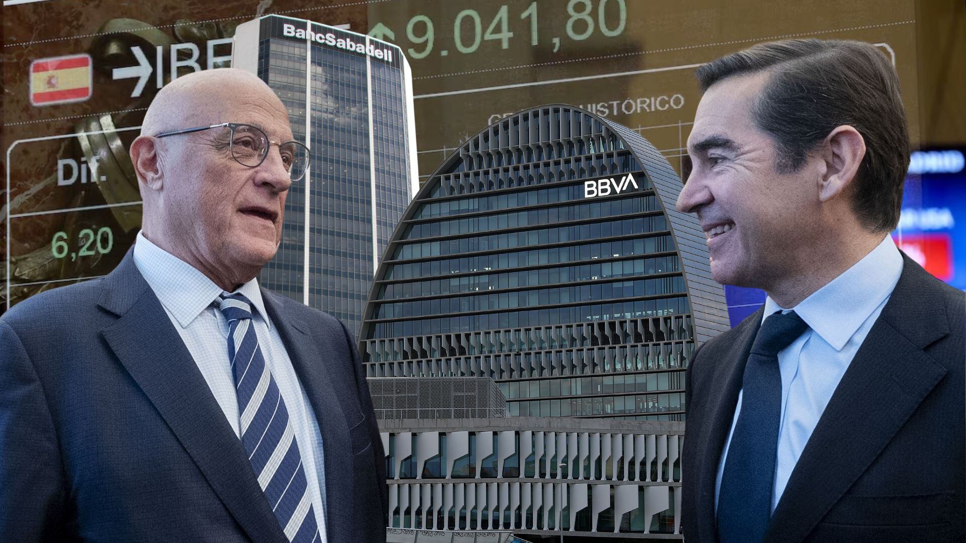 El presidente del BBVA, Carlos Torres Vila (d), y el presidente del Banco Sabadell, Josep Oliu (i). (Montaje de Infobae con imágenes de Europa Press)