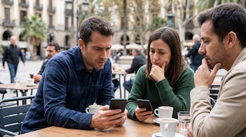 Dos hombres y una mujer sentados a una mesa exterior con tazas de café observan con atención las pantallas de sus teléfonos móviles.