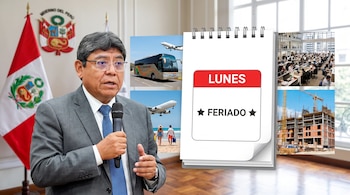 Hombre con traje y corbata habla por micrófono frente a bandera de Perú. Recuadros muestran bus, avión, personas en playa, oficina y construcción. Calendario indica 'Lunes Feriado'