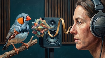 Pintura al óleo de un diamante mandarín en una rama, un altavoz central con figuras geométricas y el perfil de una persona con auriculares.