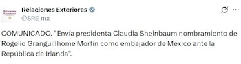SRE informa sobre propuesta de Sheinbaum para nueva Embajada de México en Irlanda.