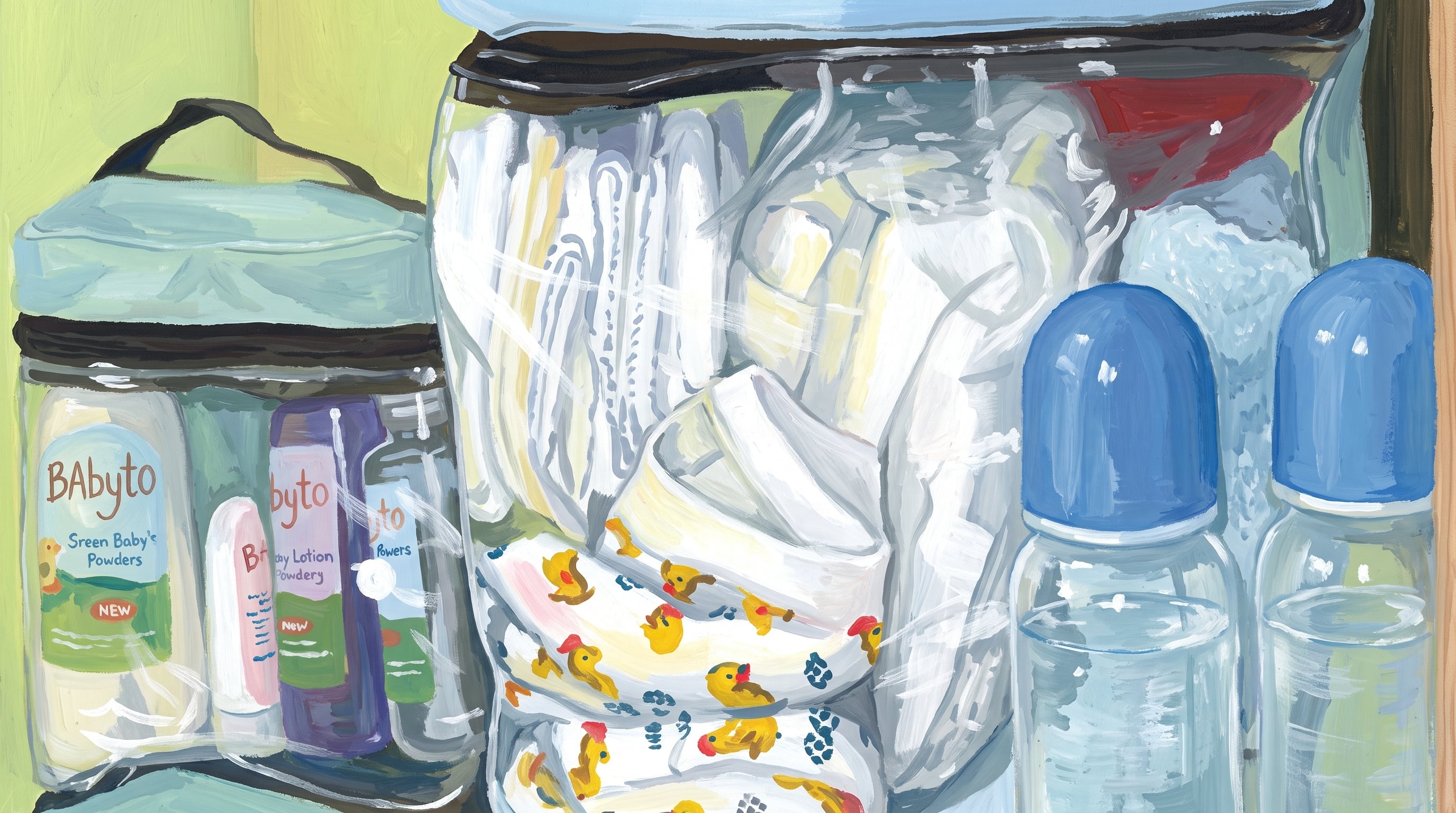 Diversos estuches transparentes guardan productos de higiene, pañales y dos biberones de plástico destinados al cuidado infantil. (Imagen Ilustrativa Infobae)