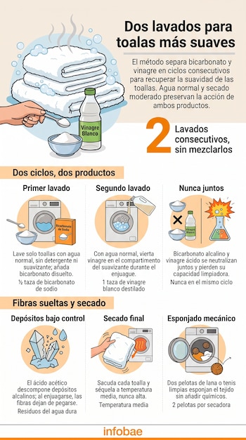 Infografía sobre el lavado de toallas con ilustraciones de lavadora, bicarbonato de sodio, botella de vinagre y pelotas de secadora.
