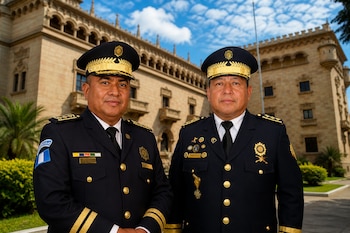 Dos oficiales con uniforme policial de gala y gorra de plato posan de pie frente a la fachada de un edificio institucional de piedra.