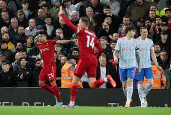Soccer Football - Premier League - Liverpool v Manchester United - Anfield, Liverpool, Britain - April 19, 2022 Liverpool's Luis Diaz celebrates scoring their first goal REUTERS/Phil Noble EDITORIAL USE ONLY. No use with unauthorized audio, video, data, fixture lists, club/league logos or 'live' services. Online in-match use limited to 75 images, no video emulation. No use in betting, games or single club /league/player publications. Please contact your account representative for further details.