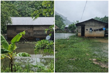 Dos imágenes muestran casas rurales con agua alrededor; una es de madera con techo metálico y la otra de bloques de cemento bajo la lluvia, con ropa tendida.