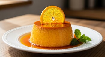 Flan redondo de color naranja en un plato blanco con caramelo, una rodaja de naranja en la parte superior y hojas de menta a un lado.