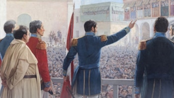 Pintura histórica de hombre en uniforme militar azul de espaldas alzando un brazo desde un balcón, frente a una multitud en una plaza con edificios y bandera roja